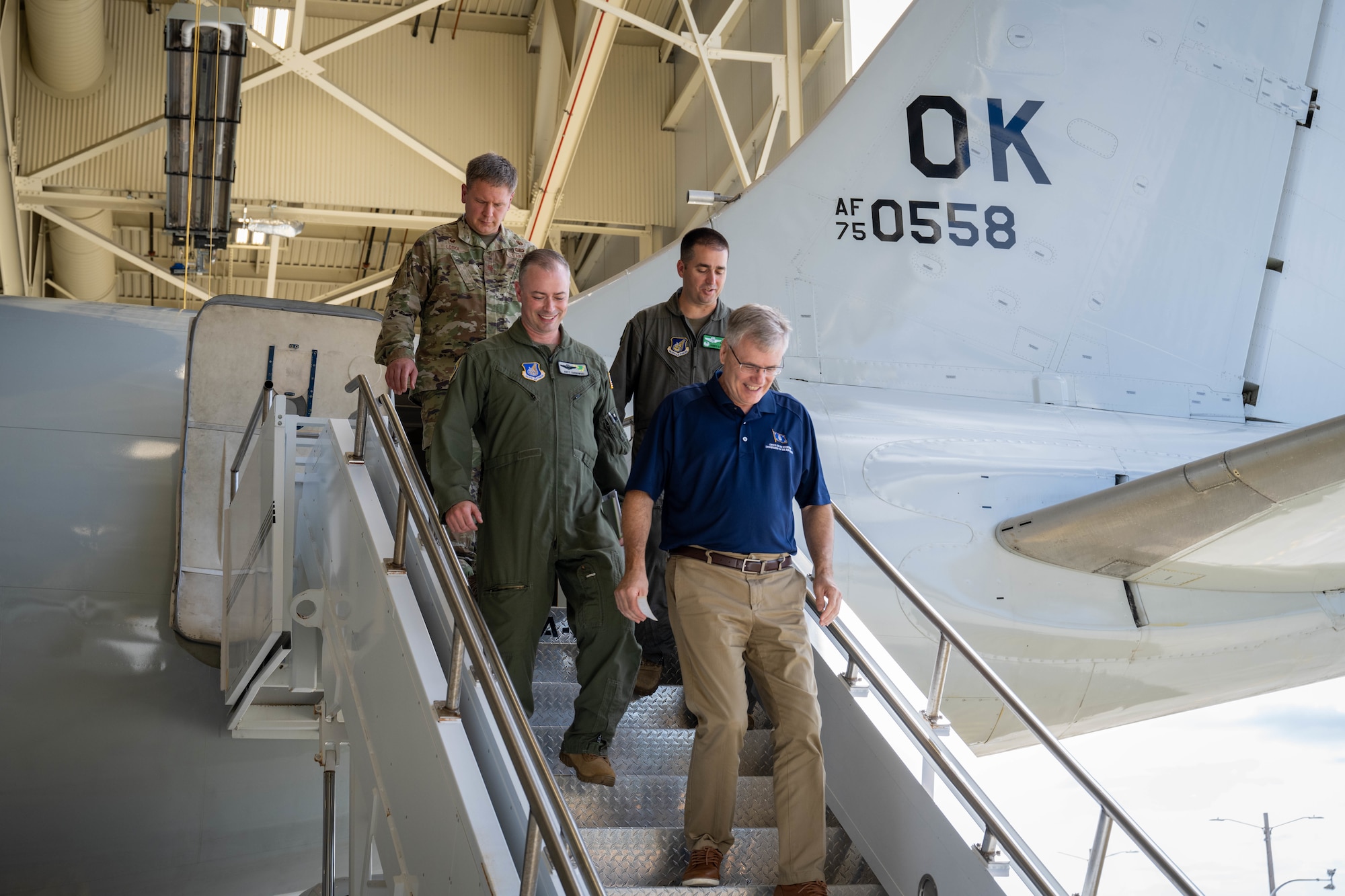 Secretary of the Air Force Troy Meink receives a tour of an E-3 Sentry on Joint Base Elmendorf-Richardson, Alaska, July 31, 2025.