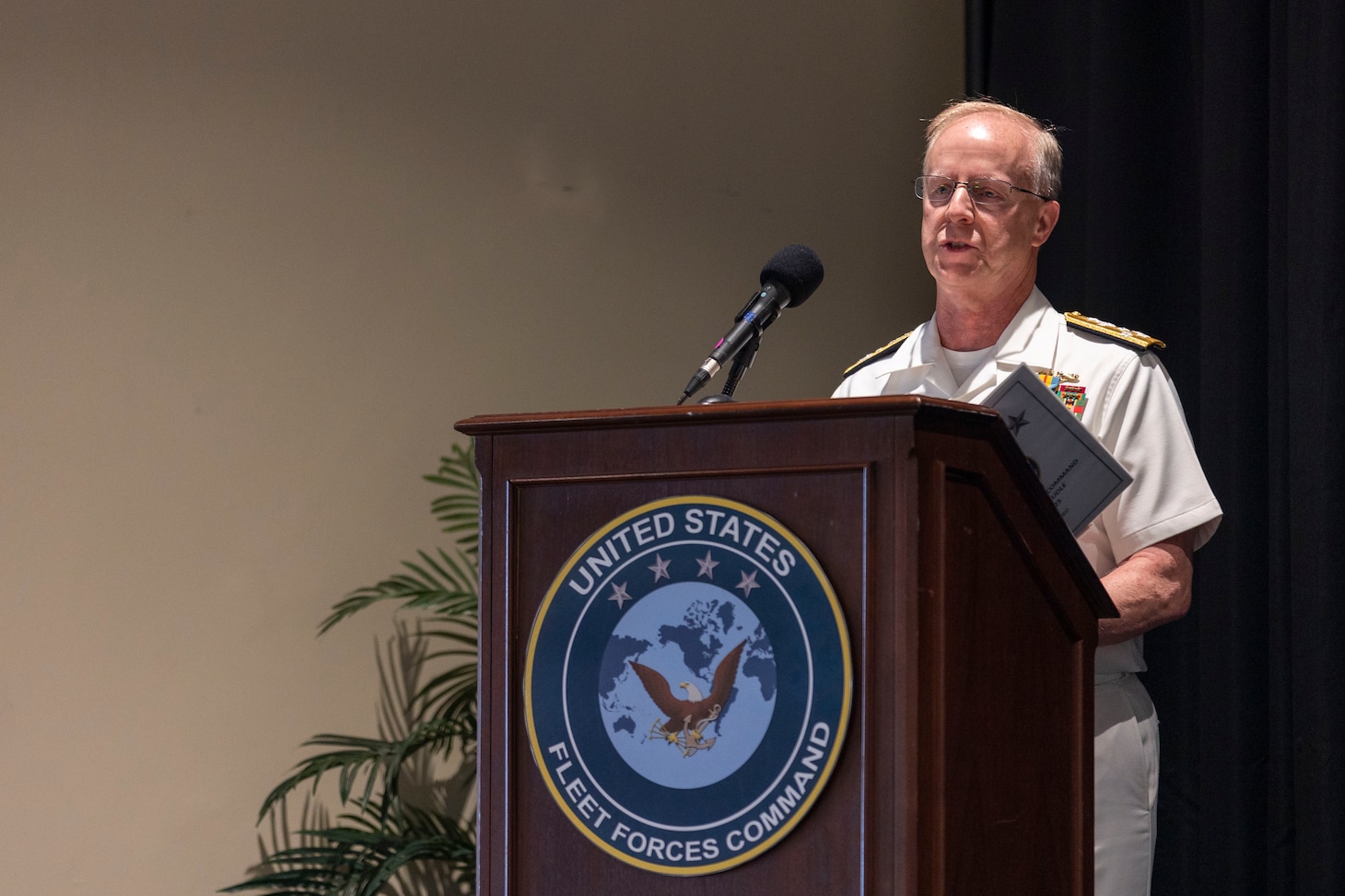 U.S. Navy Adm. Daryl Caudle, speaks during the relinquishment of command ceremony for U.S. Fleet Forces Command (USFFC) aboard Naval Station Norfolk on August 6, 2025.