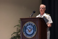 U.S. Navy Adm. Daryl Caudle, speaks during the relinquishment of command ceremony for U.S. Fleet Forces Command (USFFC) aboard Naval Station Norfolk on August 6, 2025.