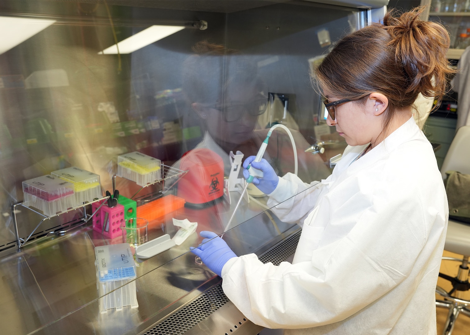 JOINT BASE SAN ANTONIO – (July 28, 2025) – Brook McGill, of San Antonio, a junior attending the University of Texas at San Antonio, uses a pipette to maintain cell cultures in the Directed Energy Health Effects Laboratory at the Tri-Service Research Laboratory. McGill is currently assigned as an intern with Naval Medical Research Unit (NAMRU) San Antonio through the Oak Ridge Institute for Science and Education (ORISE). ORISE is a U.S. Department of Energy asset that is dedicated to enabling critical scientific, research, and health initiatives of the department and its laboratory system by providing world class expertise in STEM workforce development, scientific and technical reviews, and the evaluation of radiation exposure and environmental contamination. Navy Medicine Research & Development (NMR&D) makes use of multiple channels to recruit and retain critical U.S. Navy medical support personnel. The research commands reach out to the next generation of scientists through conferences, STEM events, internships and career days, and support recruiting efforts early in undergraduate and graduate programs. NAMRU San Antonio, part of NMR&D, conducts gap-driven combat casualty care, craniofacial, and directed energy research in support of Navy, Marine Corps and joint U.S. warfighter health readiness and lethality while engaged in routine and expeditionary operations. (U.S. Navy photo by Burrell Parmer, NAMRU San Antonio Public Affairs/Released)