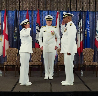 250601-N-DO281-2359 OKINAWA, Japan (Aug. 1, 2025) Rear Adm. Kevin Brown presides over the change of command for USNHO.  (U.S. Navy photo by Mass Communication Specialist 1st Class Trey Fowler)