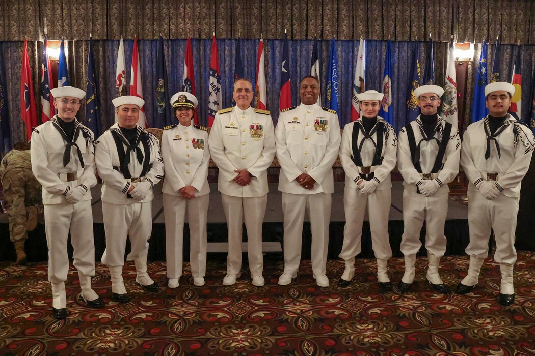 250601-N-DO281-2816 OKINAWA, Japan (Aug. 1, 2025) RADM Brown, Capt. Cooperman, and Capt. Gilliard pose with the USNHO Color Guard after the ceremony  (U.S. Navy photo by Mass Communication Specialist 1st Class Trey Fowler)
