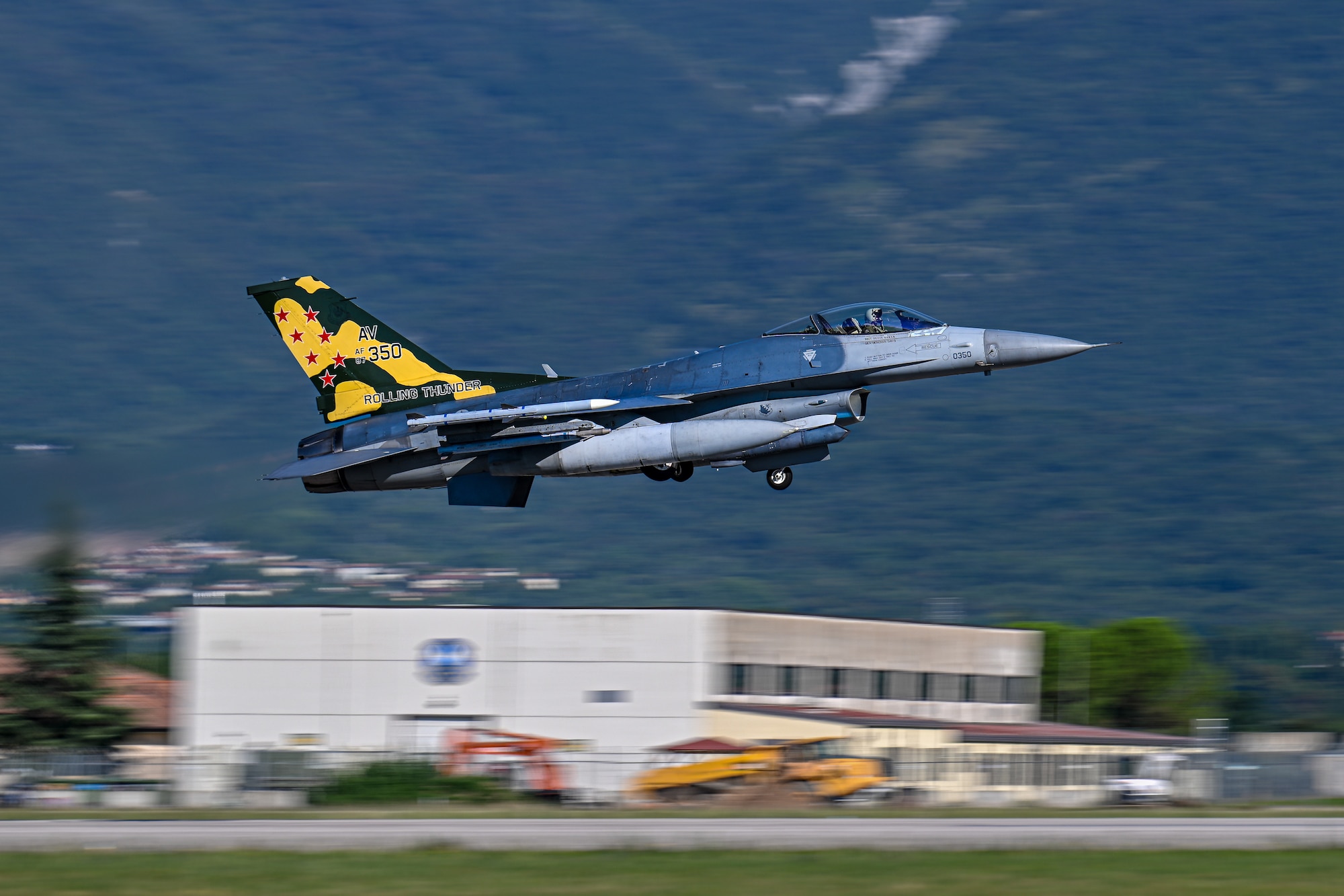 An F-16 takes off.