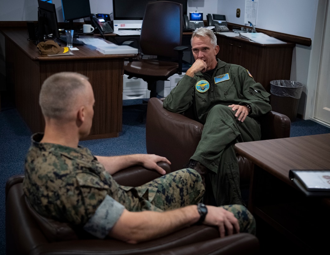 U.S. Marine Corps Brig. Gen. James W. Lively, commanding general of Task Force 61/2 meets with U.S. Navy Vice Adm. J. T. Anderson, commander of U.S. 6th Fleet, aboard the Blue Ridge-class command and control ship USS Mount Whitney (LCC 20) in Gaeta, Italy, on Aug. 6, 2025. This engagement marked the first official meeting between the two leaders since Lively assumed command of Task Force 61/2. Task Force 61/2 is deployed in the U.S. 6th Fleet area of operations to advance U.S., Allied and partner interests, and support the warfighting effectiveness, lethality and readiness of U.S. Naval and Marine Corps forces in the region. (U.S. Navy photo by Mass Communication Specialist 1st Class Cameron Edy)
