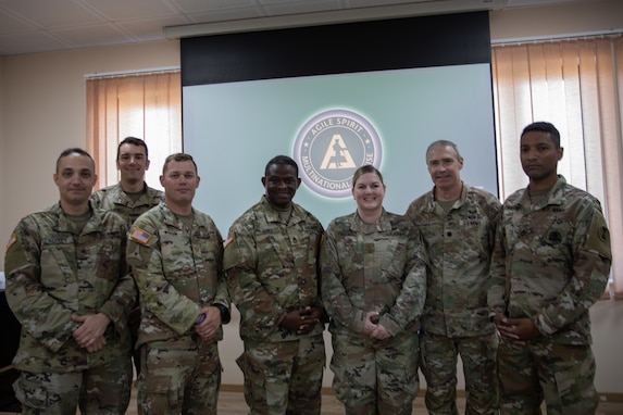 U.S. Army Soldiers from the Georgia Army National Guard’s 122nd Tactical Support Detachment and 560th Battlefield Coordination Detachment pose for a group photo during a command post exercise at Krtsanisi Training Area, Georgia, Aug. 4, 2025, in support of Agile Spirit 25.