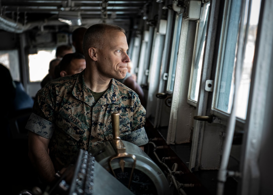 U.S. Marine Corps Brig. Gen. James W. Lively, commanding general of Task Force 61/2 tours the Blue Ridge-class command and control ship USS Mount Whitney (LCC 20) in Gaeta, Italy, on Aug. 6, 2025. The tour provided Lively with a comprehensive overview of the ship's command and control capabilities. Task Force 61/2 is deployed in the U.S. 6th Fleet area of operations to advance U.S., Allied and partner interests, and support the warfighting effectiveness, lethality and readiness of U.S. Naval and Marine Corps forces in the region. (U.S. Navy photo by Mass Communication Specialist 1st Class Cameron Edy)