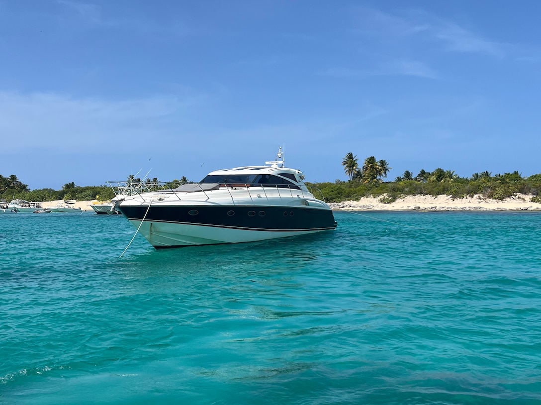 A motor yacht sits in the water in Puerto Rico.