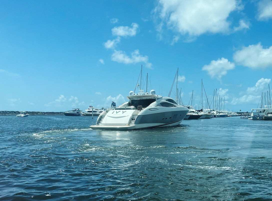 A motor yacht sits in the water in Puerto Rico.