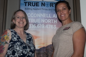 Amy Horne and Annie Carroll, social workers with the True North resiliency program, pose for a photo at McConnell Air Force Base, Kansas, July 31, 2025. Horne and Carroll were two providers who participated in the trial period of a sleep data collection app. (U.S. Air Force photo by Senior Airman Amelio Brown)