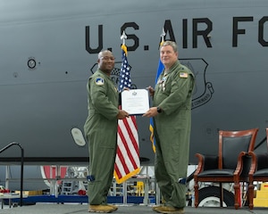 Lt. Col. Charles "Chuck" Thibault retired from the Air Force after more than 40 years of service. Thibault, an Air Force Reservist, was a pilot in the 756th Air Refueling Squadron at Joint Base Andrews, Md., and he was also the squadron's Director of Operations, and Chief of Standards and Evaluations. Lt. Col. Thibault's retirement ceremony was held Aug. 2, 2025, at the 459th Air Refueling Wing at Joint Base Andrews, Md. The 756th ARS Commander, Lt. Col. Frank Gilliard IV, was the presiding official. Thibault officially brought his career to a close with his "fini flight" on Aug. 4, 2025. (U.S. Air Force photo by Senior Airman Alexcia Givens)