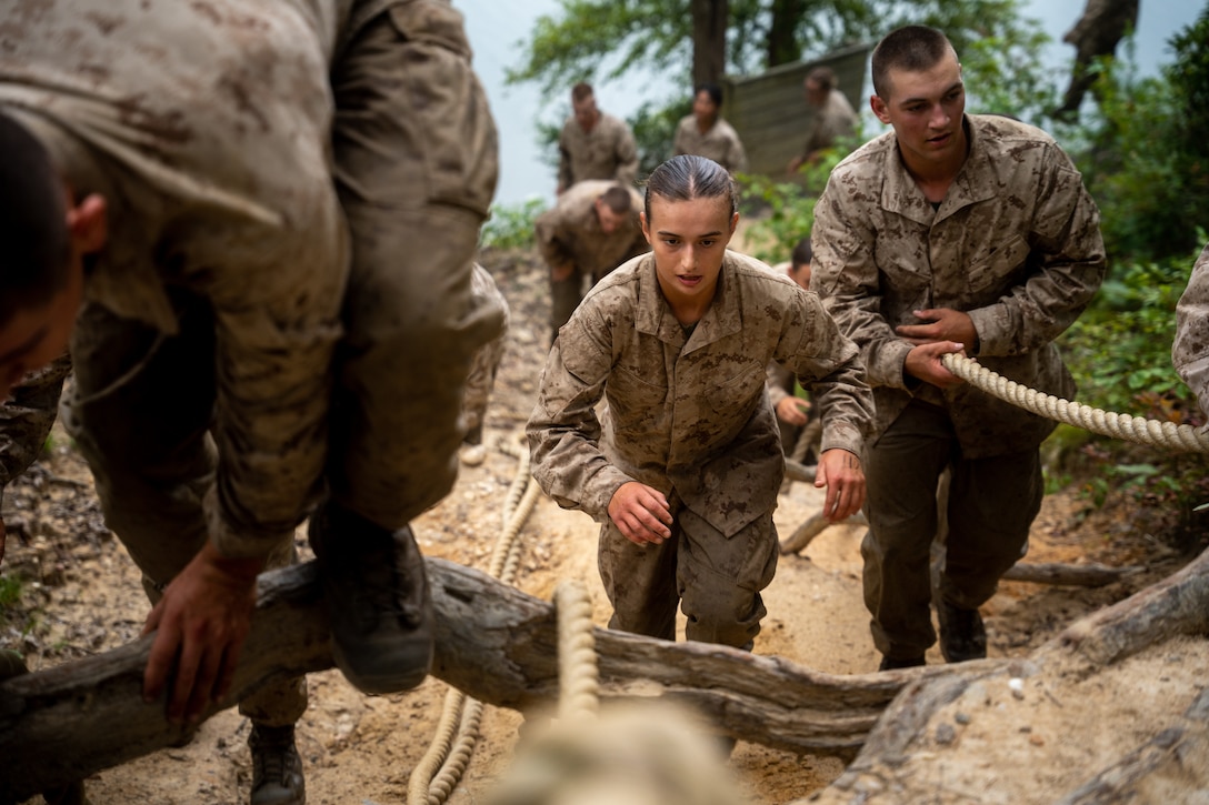 U.S. Marine Corps Officer Candidates participate in a rope climb while conducting the Montford Point Challenge at the Officer Candidate School on Marine Corps Base Quantico, Aug. 5, 2025. Candidates, Sergeant Instructors, and Physical Training Instructors complete the course in honor of the Montford Point Marines which were the first African Americans to enlist in the U.S. Marine Corps and instilling the corps warfighting mentality. (U.S. Marine Corps photo by Cpl. Joshua Munsen)