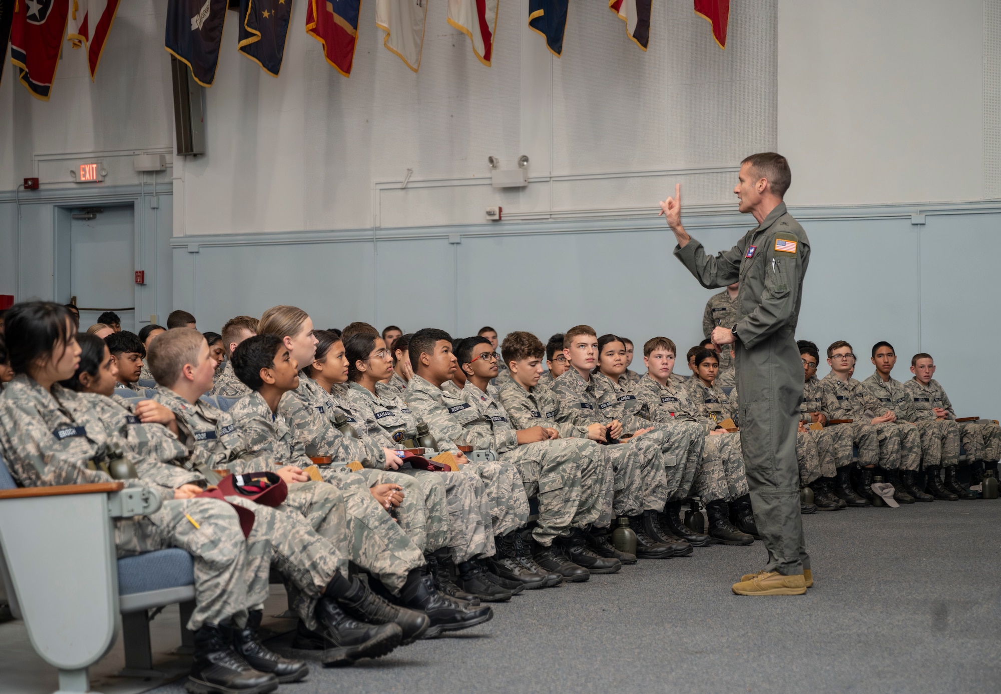 U.S. Air Force Brig. Gen. Stephen Snelson, U.S. Air Force Expeditionary Center commander, speaks to Civil Air Patrol cadets during the 2025 NJ Wing Basic Encampment at Joint Base McGuire-Dix-Lakehurst, N.J., July 30, 2025. The week-long encampment aimed to strengthen the cadets’ leadership skills, hone their fitness and character, and prepare them for future career opportunities in aerospace and technology. (U.S. Air Force photo by Susan Moriarty)