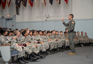 U.S. Air Force Brig. Gen. Stephen Snelson, U.S. Air Force Expeditionary Center commander, speaks to Civil Air Patrol cadets during the 2025 NJ Wing Basic Encampment at Joint Base McGuire-Dix-Lakehurst, N.J., July 30, 2025. The week-long encampment aimed to strengthen the cadets’ leadership skills, hone their fitness and character, and prepare them for future career opportunities in aerospace and technology. (U.S. Air Force photo by Susan Moriarty)