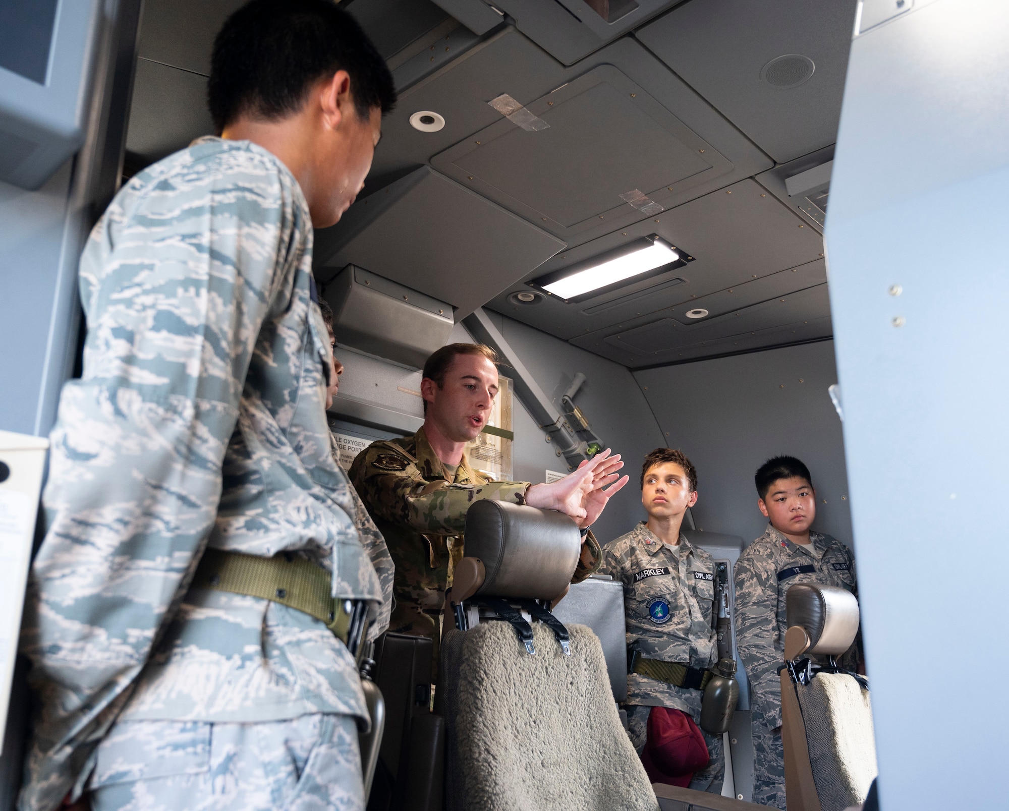 Civil Air Patrol cadets learn about the KC-46A Pegasus refueling capabilities during the 2025 NJ Wing Basic Encampment at Joint Base-McGuire-Dix-Lakehurst, N.J., July 29, 2025.  The week-long encampment aimed to strengthen the cadets’ leadership skills, hone their fitness and character, and prepare them for future career opportunities in aerospace and technology. (U.S. Air Force photo by Susan Moriarty)