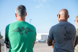 U.S. Air Force Colonel Jose Cabrera, 355th Wing commander, left, and Chief Master Sergeant Kelvin Hatcher, 355th Wing command chief, prepare for a memorial workout at Davis-Monthan Air Force Base, August 6, 2025. The memorial workout was in memory of Tech. Sgt John Brown, Tech. Sgt Daniel Zerbe and Staff Sgt. Andrew Harvell, all members of the 24th Special Tactics Squadron. (U.S. Air Force photo by Airman Jaden Kidd)