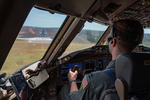 U.S. Air Force Capt. Trevor Williams, 6th Air Refueling Squadron pilot, approaches the runway for landing after completing an aerial refueling mission during Talisman Sabre 25 over the Northern Territory, Australia, July 17, 2025. Air Mobility Command’s mission areas are essential for the movement, maneuver, and sustainment of the Joint Force, Allies, and partners participating in this exercise. Talisman Sabre is the largest bilateral military exercise between Australia and the United States, that advances a safe and secure Indo-Pacific by strengthening relationships and interoperability among key Allies and partners, while enhancing collective capabilities to respond to a wide array of potential security concerns. (U.S. Air Force photo by Senior Airman Clare Werner)