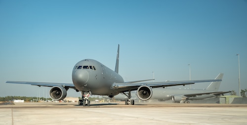 A U.S. Air Force KC-46 Pegasus aircraft from Travis Air Force Base, California, taxis on the flight line during Talisman Sabre 25 in Northern Territory, Australia, July 15, 2025. Talisman Sabre is the largest bilateral military exercise between Australia and the United States advancing a safe and secure Indo-Pacific by strengthening relationships and interoperability along key allies and partners, while enhancing our collective capabilities to respond to a wide array of potential security concerns. (U.S. Air Force photo by Tech. Sgt. Philip Bryant)
