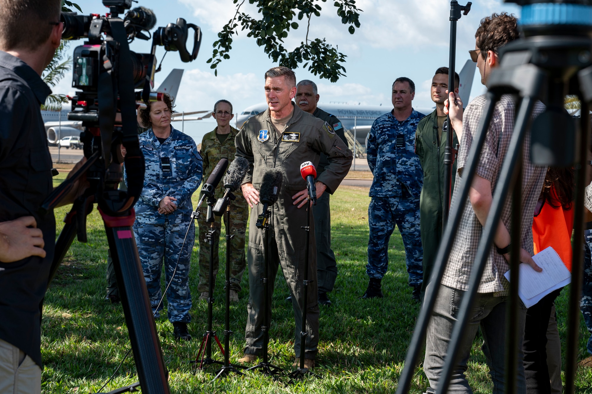U.S. Air Force Brig. Gen. Shannon Smith, 13th Air Expeditionary Task Force commander, speaks to media representatives during Talisman Sabre 25 in Northern Territory, Australia, July 17, 2025. This exercise allows the U.S. Air Force to enhance interoperability with Allies and partners in the region who have similar equipment, shared intelligence, and integrated strategies and contingency planning. Talisman Sabre is the largest bilateral military exercise between Australia and the United States, that advances a safe and secure Indo-Pacific by strengthening relationships and interoperability among key allies and partners, while enhancing collective capabilities to respond to a wide array of potential security concerns. (U.S. Air Force photo by Senior Airman Clare Werner)