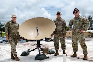 Expeditionary communicators assigned to the Joint Communications Support Element, MacDill Air Force Base, Florida, pose for a photo during the Air Force’s 2025 Department-Level Exercise series at Andersen Air Force Base, Guam, July 13, 2025. More than 40 JCSE personnel deployed to the Indo-Pacific area of responsibility to provide expeditionary communications support to Air Mobility Command, U.S. Transportation Command, and their Allies and partners. The DLE encompasses all branches of the Department of Defense, Allies, and partners, employing over 400 joint and coalition aircraft and more than 12,000 personnel across more than 50 locations spanning 3,000 miles. (U.S. Air Force photo by Senior Airman Zachary Foster)
