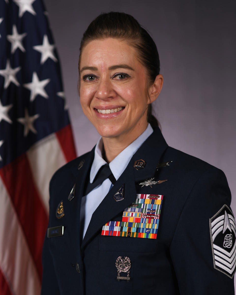 The official photo of CMSgt Shannan K. Sanchez, Space Launch Delta 30 senior enlisted leader.