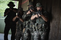 Republic of Korea Marines clear rooms during military operations in urban terrain training during the Korean Marine Exchange Program 25.2 in Pocheon, South Korea, July 22, 2025. KMEP is conducted regularly between the ROK and U.S. Marine Corps to increase their combined capabilities through realistic training geared towards deterring threats and maintaining peace in the Indo-Pacific. (U.S. Marine Corps photo by Lance Cpl. Van Hoang)