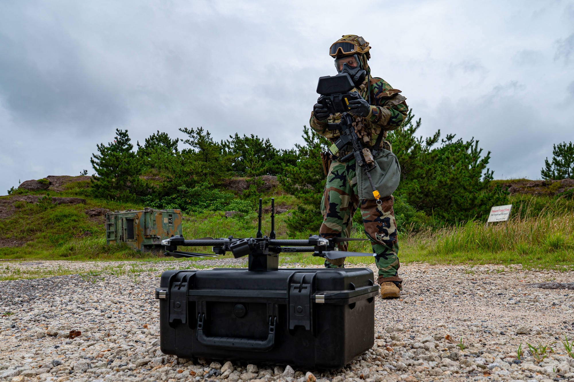 Senior Airman Alexander Moose, 8th Security Forces Squadron counter small unmanned aerial system instructor, prepares to launch his drone as part of an enemy drone inject during exercise Beverly Sentinel 25-3