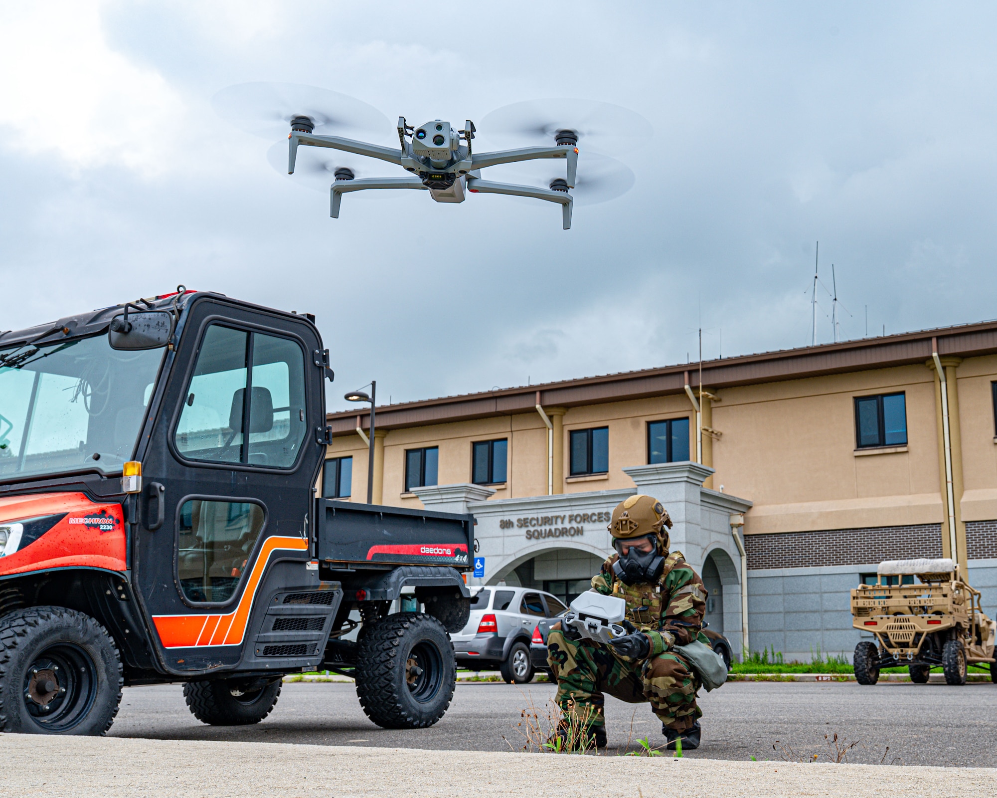 Senior Airman Cheyanne Parsons, 8th Security Forces Squadron counter small unmanned aerial system instructor, launches her drone to survey an area for enemy activity during exercise Beverly Sentinel 25-3
