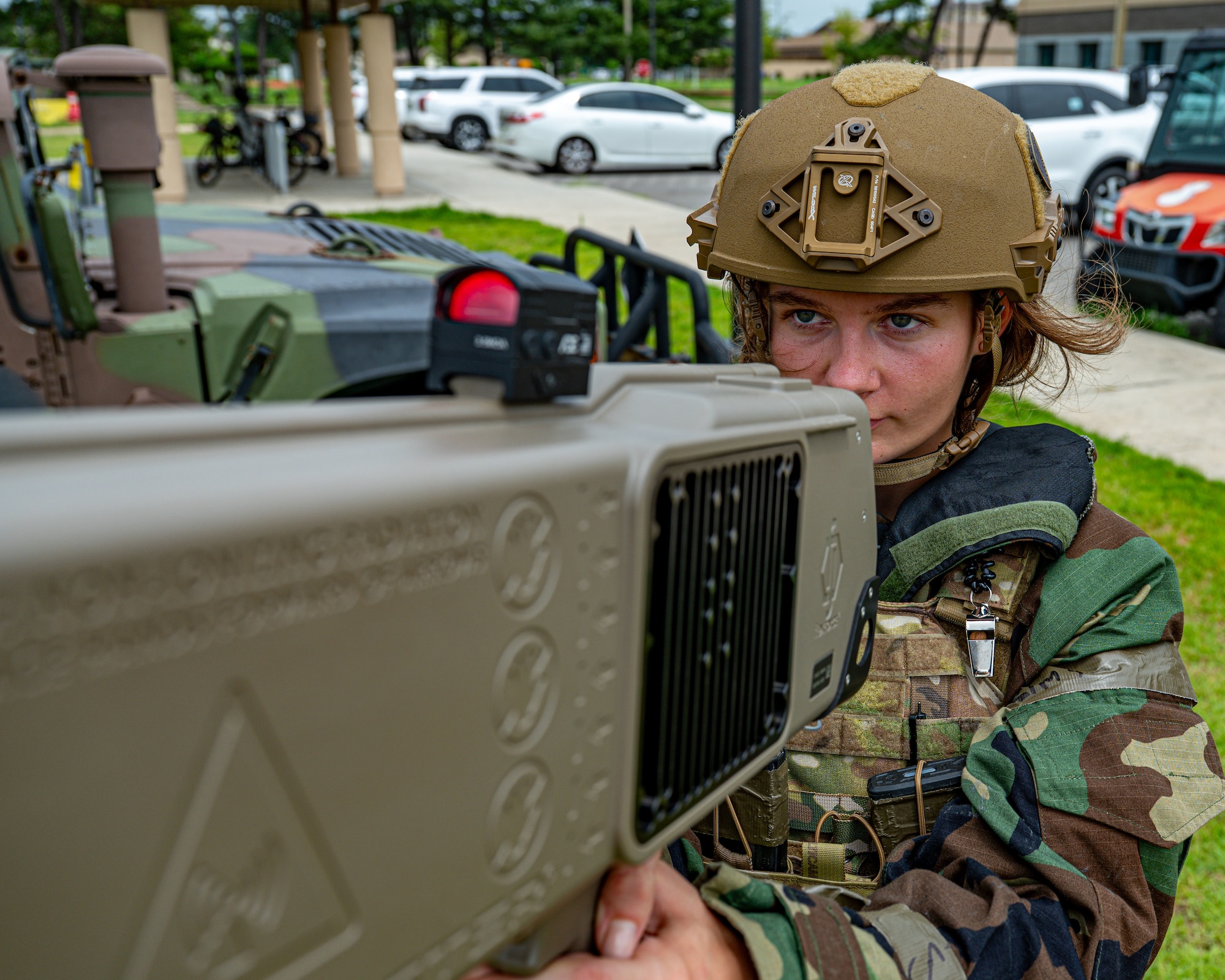 Senior Airman Cheyanne Parsons, 8th Security Forces Squadron counter small unmanned aerial system instructor, calibrates a Dronebuster Block 4 utilized to disrupt and deny enemy sUAS threats access to areas during exercise Beverly Sentinel 25-3