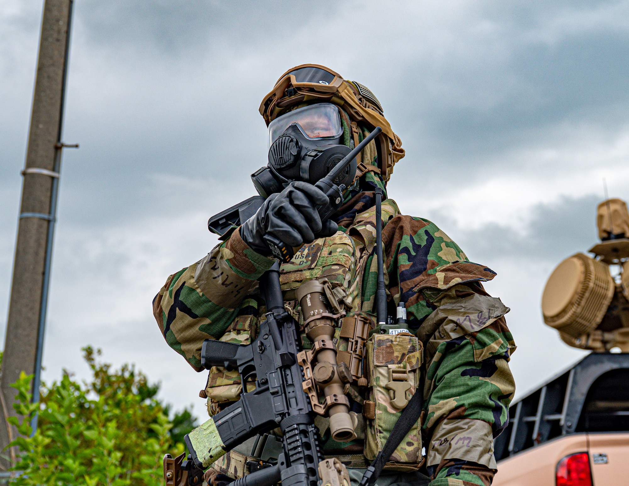 Senior Airman Alexander Moose, 8th Security Forces Squadron counter small unmanned aerial system instructor, radios an all- clear back to the counter-sUAS alert team after participating in an enemy drone inject during exercise Beverly Sentinel 25-3