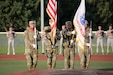 The 85th U.S. Army Reserve Support Command’s color guard team presents the nation’s colors during the playing of the national anthem at the American Legion, Post 76, Great Lakes Regional Baseball Tournament, August 6, 2025, in Carol Stream, Illinois.