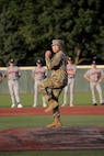 Col. Christopher Tung, G3, 85th U.S. Army Reserve Support Command, throws in a ceremonial first pitch, ahead of the week-long tournament, during the American Legion, Post 76, Great Lakes Regional Baseball Tournament, August 6, 2025, in Carol Stream, Illinois.