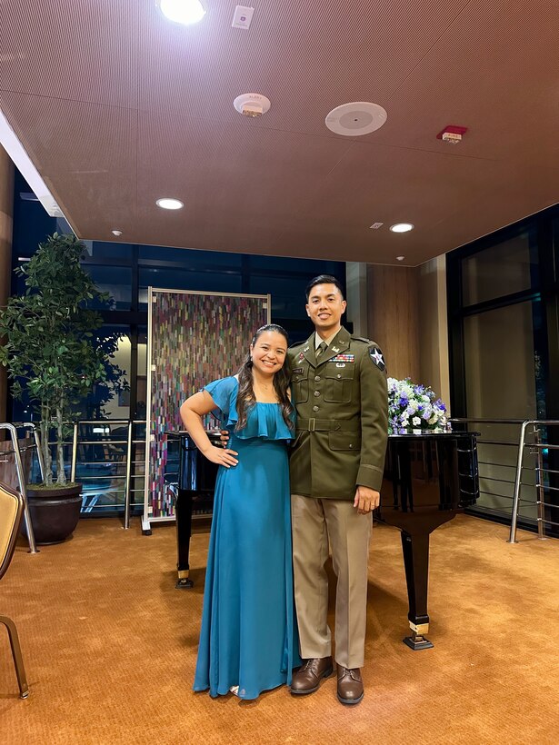 Capt. Joel Albert Padilla, a SkillBridge intern with the U.S. Army Corps of Engineers – Far East District, attends the 11th Engineer Battalion Ball with his wife, Melanie, at the Morning Calm Center, Camp Humphreys, South Korea, in August 2024. The SkillBridge program allows him to leverage his operational experience in expeditionary construction to prepare for a career in civilian project management. (U.S. Army photo by Capt. Joel Albert Padilla)