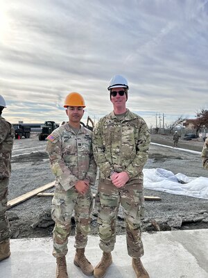 Capt. Joel Albert Padilla, a recent SkillBridge intern at the U.S. Army Corps of Engineers – Far East District, previously served as the Construction Manager for the 11th Engineer Battalion. During his time in uniform, he led numerous troop construction efforts including projects at Camp Humphreys. Padilla is pictured promoting a fellow Soldier from second lieutenant to first lieutenant at the project site in December 2024. (U.S. Army photo by Capt. Joel Albert Padilla)
