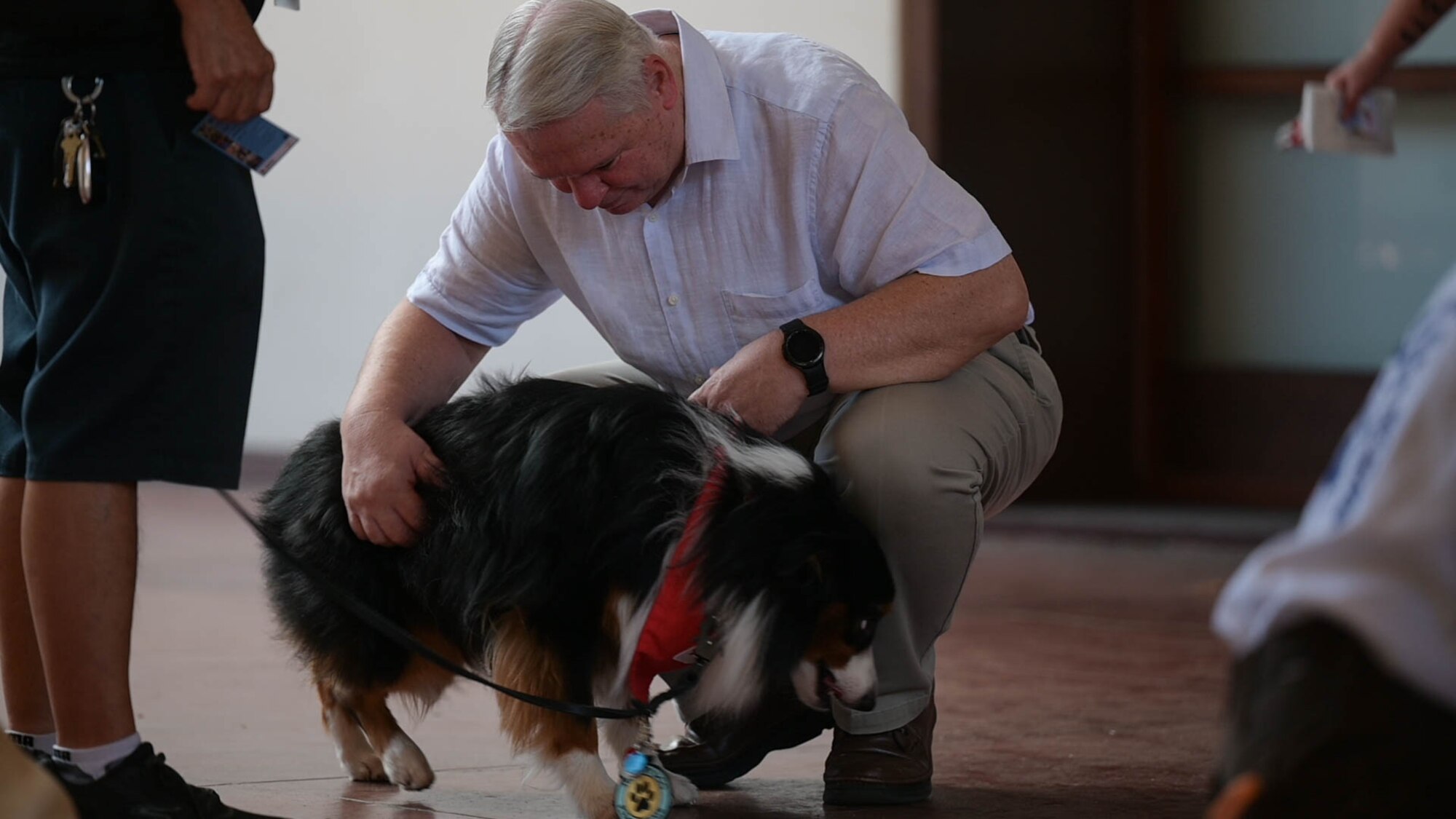 A person bending down and petting a dog.