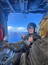 SIGONELLA, Italy. (August 2023) Hospital Corpsman 2nd Class Destanee Willison, assigned to Navy Medicine Readiness and Training Command (NMRTC) Sigonella aboard an MH-60 Sierra Seahawk helicopter assigned to USS America (LHA-6). During a previous assignment with the 31st Marine Expeditionary Unit (MEU) Willison was providing medical coverage for a Visit Board Search and Seizure (VBSS) mission. (U.S. Navy courtesy photo)