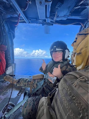 SIGONELLA, Italy. (August 2023) Hospital Corpsman 2nd Class Destanee Willison, assigned to Navy Medicine Readiness and Training Command (NMRTC) Sigonella aboard an MH-60 Sierra Seahawk helicopter assigned to USS America (LHA-6). During a previous assignment with the 31st Marine Expeditionary Unit (MEU) Willison was providing medical coverage for a Visit Board Search and Seizure (VBSS) mission. (U.S. Navy courtesy photo)