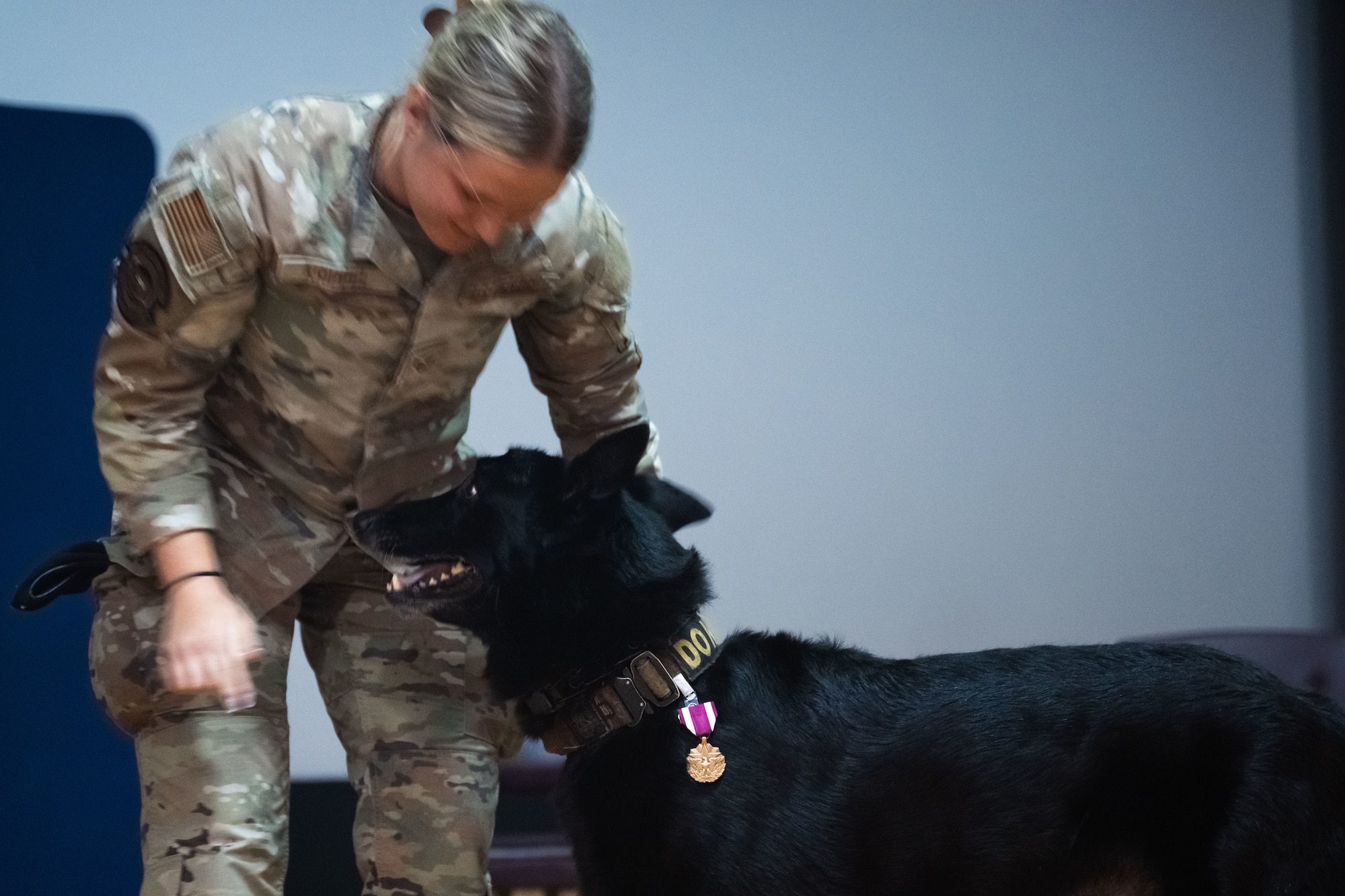 U.S. Air Force Staff Sgt. Alexis Krippel, a military working dog handler, embraces MWD Cchango after presenting him with the Meritorious Service Medal during his retirement ceremony at Joint Base Andrews, Md., Aug. 6, 2025.