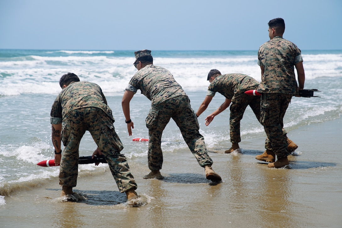 U.S. Marines assigned to the 15th Marine Expeditionary Unit, I Marine Expeditionary Force, release JaiaBot autonomous underwater vehicles into the ocean during a JaiaBot familiarization course at Marine Corps Base Camp Pendleton, California, Aug. 5, 2025. These types of unmanned systems enable the 15th MEU to autonomously gather and share high-resolution environmental data in coastal and littoral zones to support reconnaissance, operational planning, and mission success. (U.S. Marine Corps photo by Lance Cpl. Kenneth Twaddell)