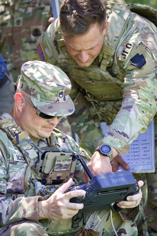 U.S. Army Staff Sgt. Eric Scuderi, left, a drone operator with 1st Battalion, 109th Infantry Regiment, 2nd Infantry Brigade Combat Team, 28th Infantry Division, remotely flies an unmanned aerial system during a demonstration at Fort Indiantown Gap, Pennsylvania, July 28, 2025. The Soldiers and representatives from Carnegie Mellon University’s Software Engineering Institute demonstrated Project Shrike, an AI-enabled system for rapid target recognition and fire adjustment, by integrating drones and artillery during live-fire training. (U.S. Army National Guard photo by Maj. Travis Mueller)