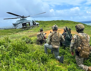 Service members simulate jungle rescue.