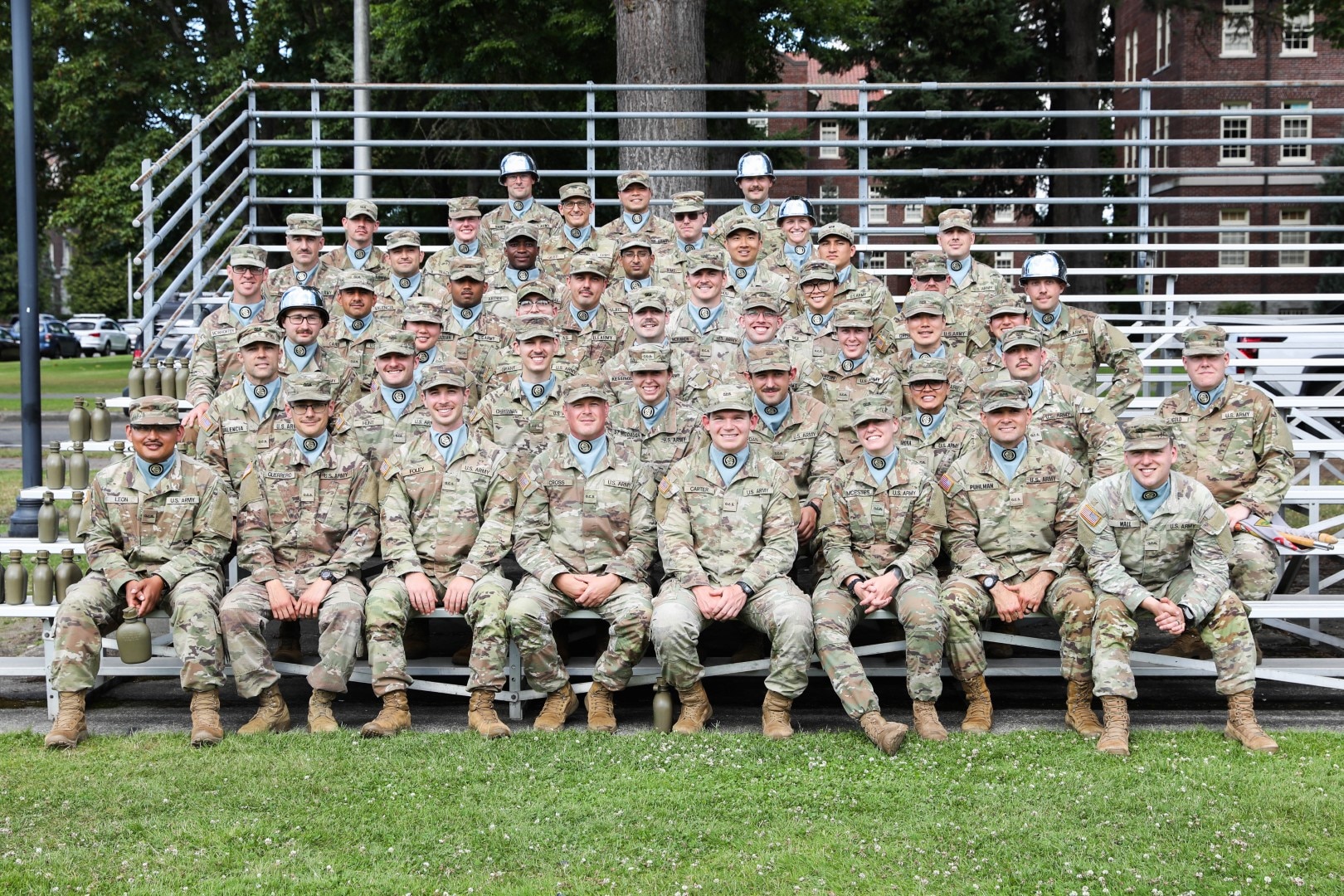 U.S. Army officer candidates pose for a photo before graduating from Officer Candidate School (OCS) Phase III at Joint Base Lewis-McChord, Wash., Aug. 7, 2025.
