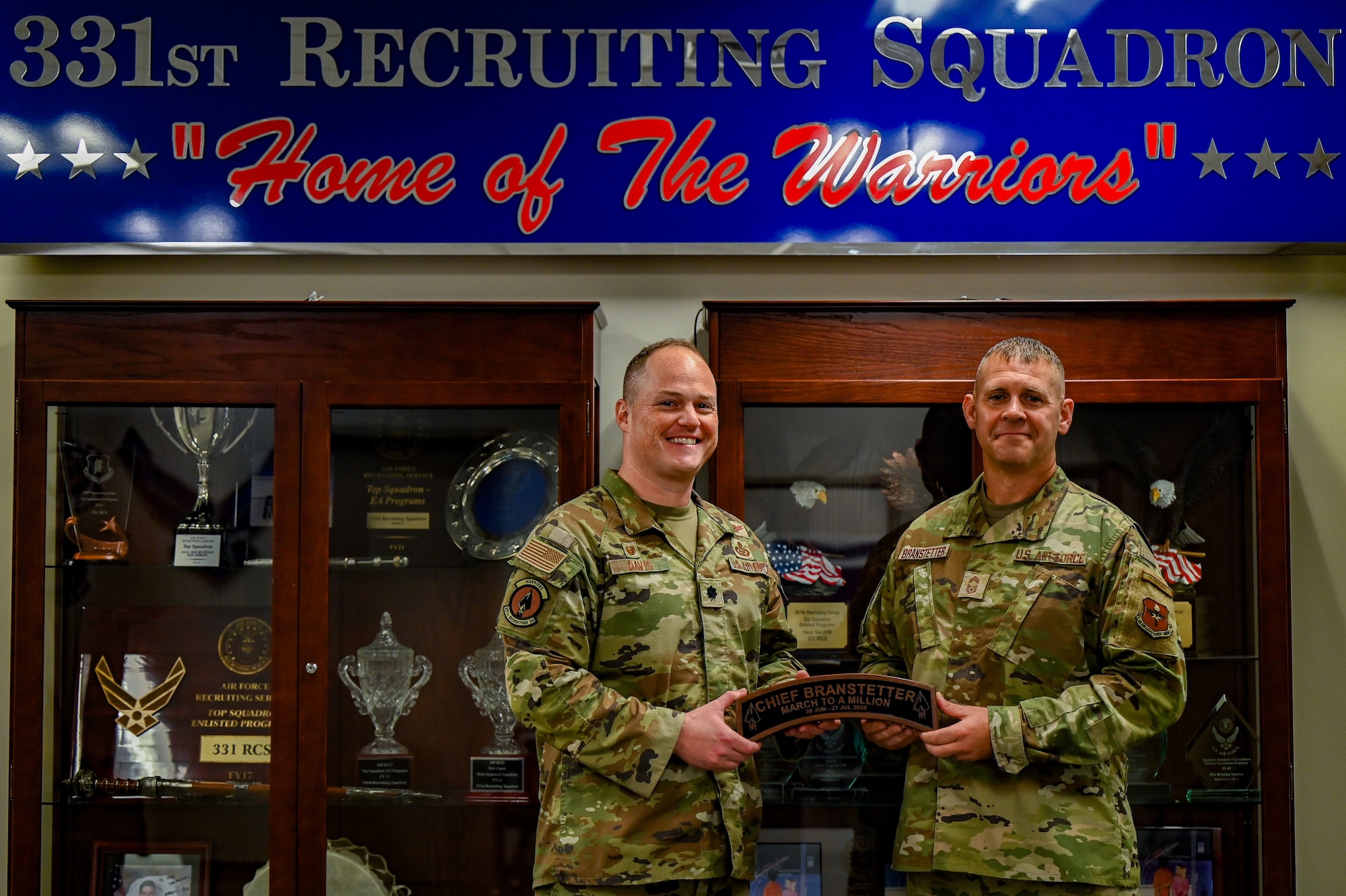 U.S. Air Force Lt. Col. Bryan J. Davis, left, 331st Recruiting Squadron commander, and Chief Master Sgt. Trent Branstetter, right, 331 RCS senior enlisted leader, pose for a photograph at Maxwell Air Force Base, Alabama, Aug. 7, 2025.