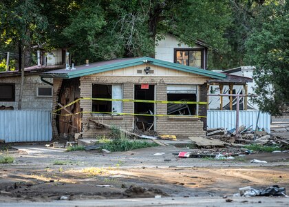 The remains of a house during a flash flood in Ruidoso, NM, on August 4, 2025. New Mexico National Guard units provided aid to the city of Ruidoso after Monsoon rain flooded the city.