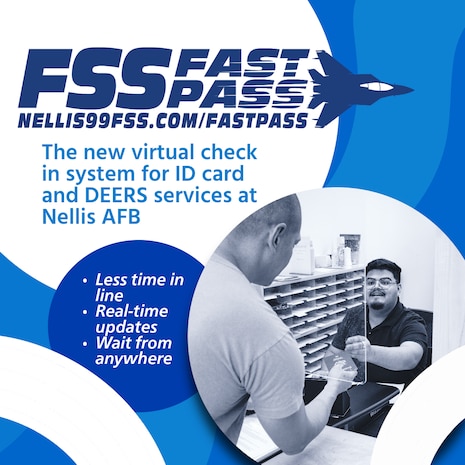 A graphic of a customer being served, announcing a new update to 99th Force Support Squadron ID card office.
