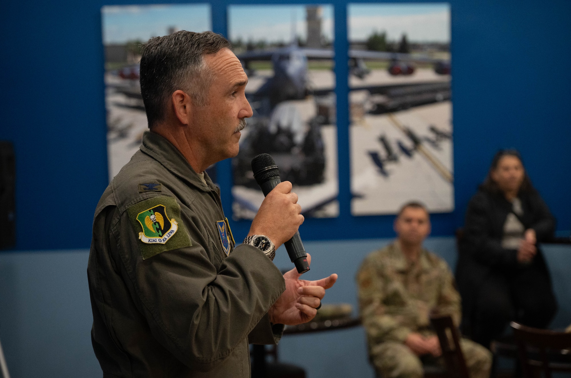 U.S. Air Force Col. Jesse Lamarand, 5th Bomb Wing commander, gives remarks during the opening ceremony for the Airmen Ministry Center at Minot Air Force Base, North Dakota, Aug. 8, 2025. The Airmen Ministry Center was created to provide a welcoming environment where Airmen can unwind, connect and engage in activities they enjoy regardless of their position or rank. (U.S. Air Force photo by Airman 1st Class Wesley Davies)