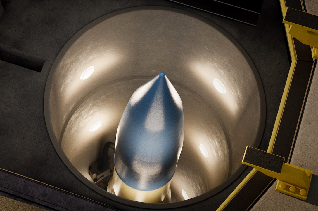 An image of a Sentinel intercontinental ballistic missile in a launch silo.