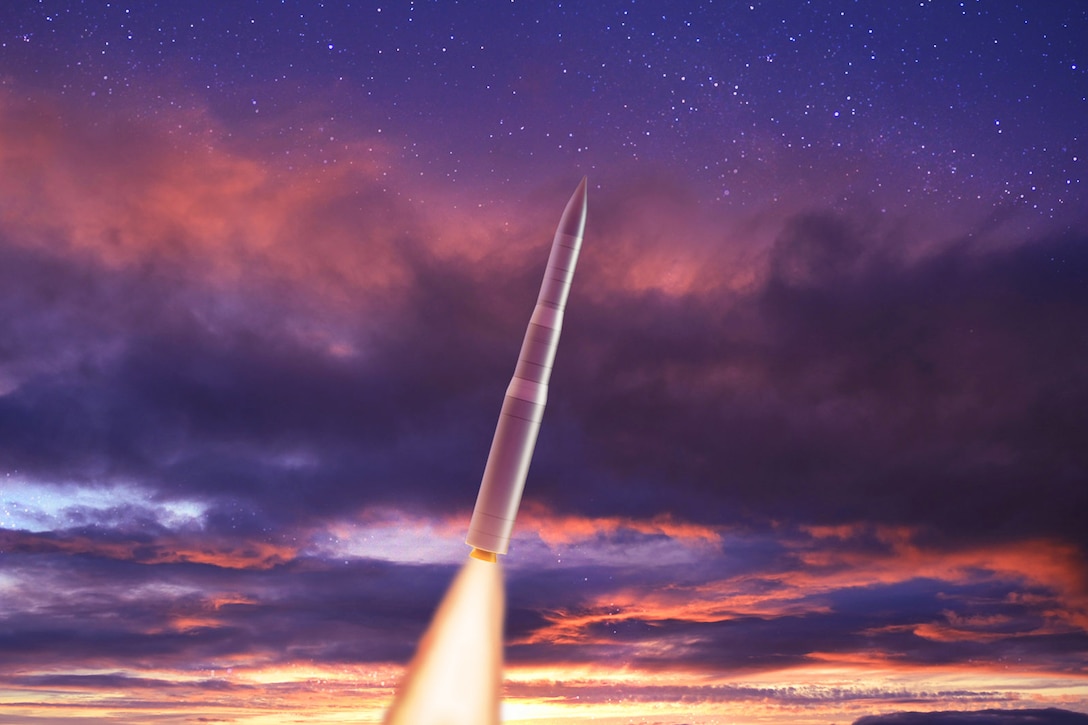 An image of a Sentinel intercontinental ballistic missile in a purple and orange sky.