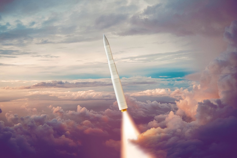 An image of a Sentinel intercontinental ballistic missile in a cloudy sky.