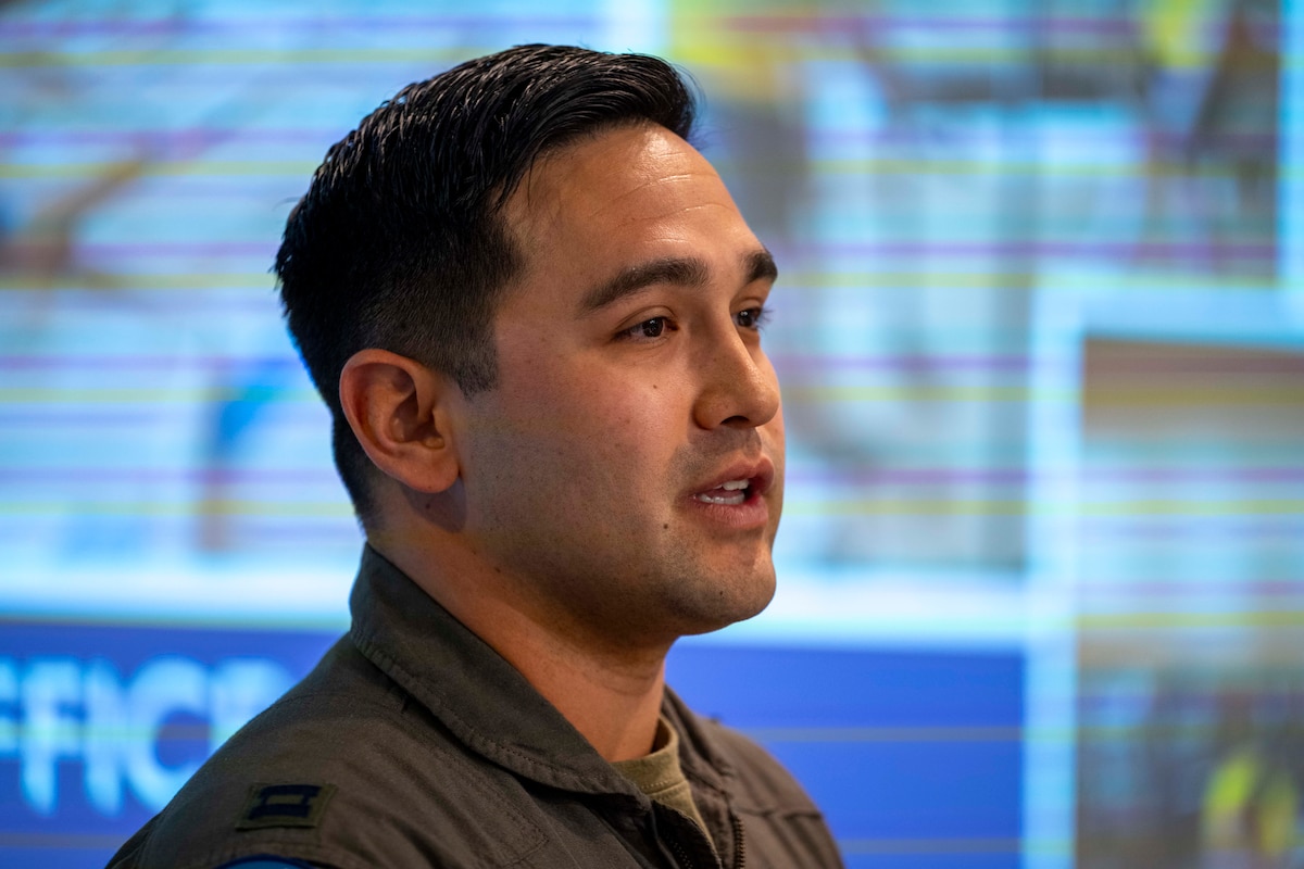 U.S. Air Force Capt. Andre Wardian, 6th Attack Squadron assistant chief of weapons, gives a presentation about his team’s 2025 Big Give project at Holloman Air Force Base, New Mexico, July 31, 2025.