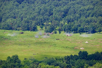 U.S. Soldiers with 1st Battalion, 109th Infantry Regiment, 2nd Infantry Brigade Combat Team, 28th Infantry Division operate an unmanned aerial system and call for artillery fire during a demonstration at Fort Indiantown Gap, Pennsylvania, July 28, 2025. The Soldiers and representatives from Carnegie Mellon University’s Software Engineering Institute demonstrated Project Shrike, an AI-enabled system for rapid target recognition and fire adjustment, by integrating drones and artillery during live-fire training. (U.S. Army National Guard photo by Maj. Travis Mueller)